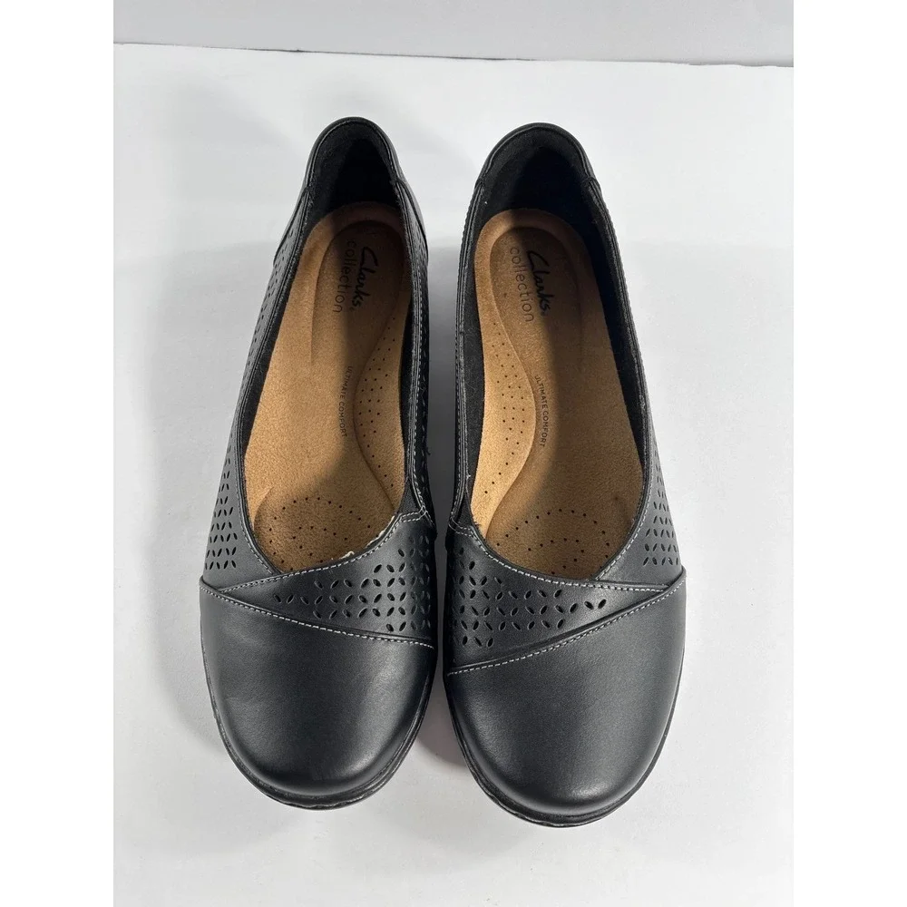 Clarks Collection‎ Cora Iris Black Leather Laser Cut Ballet Flat Womens 10M